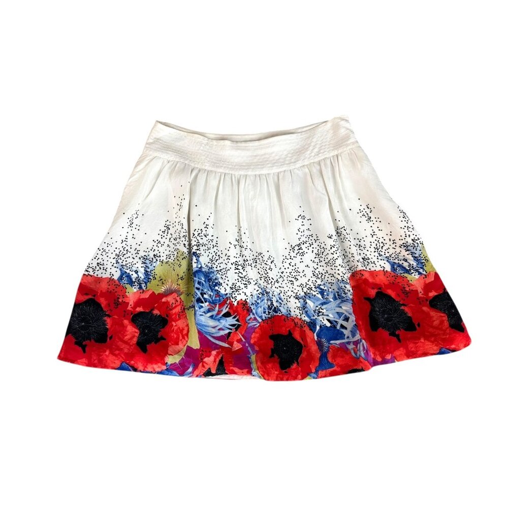 Anthropologie Scattered Heartsease Skirt 100% Silk‎ Size 10 Poppy Flowers Floral